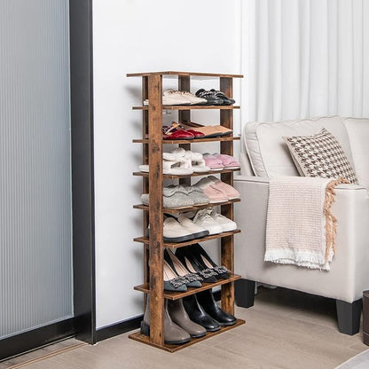 Giantex 8-Tier Wooden Shoe Rack, Patented Double Row Shoe Organizer for 16 Pairs, Customizable Height, Space-Saving Shoe Storage Stand for Entryway, Hallway, Living Room, Bedroom, Brown