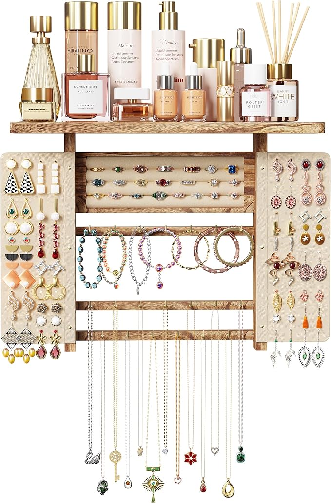 Emfogo Jewelry Organizer Hanging Wall Mounted Jewelry Holder, 5-in-1 Large Capacity Necklace Organizer Display for Ring, Necklaces, Bracelets, Earrings (Rustic Wood)