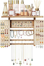 Emfogo Jewelry Organizer Hanging Wall Mounted Jewelry Holder, 5-in-1 Large Capacity Necklace Organizer Display for Ring, Necklaces, Bracelets, Earrings (Rustic Wood)