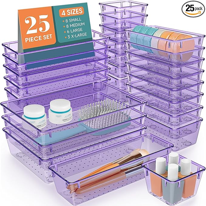StorMiracle 25 PCS Drawer Organizer Set, 4 Varied Size Bathroom and kitchen Drawer cabinet organizer Trays, Clear Storage Bins for Makeup, Jewelry, Utensils and Gadgets， Purple
