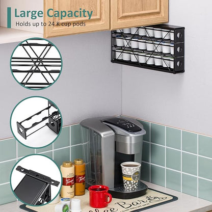 K Cup Holders for 3 Tier, 24 Pods K Cup Storage, Coffee Pod Holder for Countertop, K Cup Organizer Coffee Bar Accessories Black Metal
