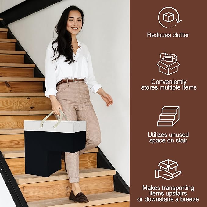 SAM AND MABEL Stair Baskets for Carpeted and Wooden Stairs – 16”L x 10”W x 16”H Foldable Staircase Basket with Handles, Stairstep Storage Organizer (Chic Black and White)
