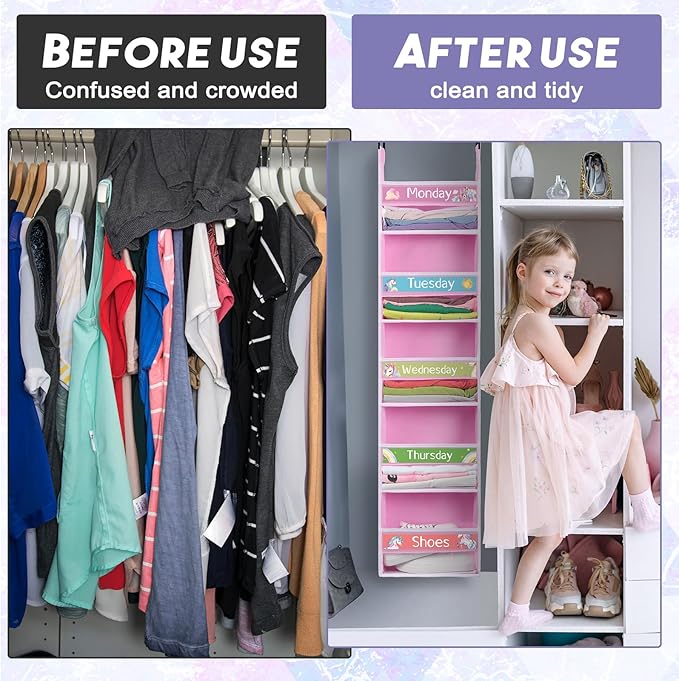 2 Pack 5 Shelf Weekly Clothes Organizer for Kids Over the Door Hanging Storage Monday through Friday Heavy Duty Clothes Organization for Bathroom Nursery Bathroom Kitchen(Pink)