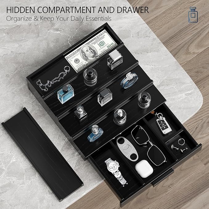 Walnut Wood Cologne Organizer for Men,4 Tier Cologne Stand,Perfume Stand Organizer,Cologne Shelf Display Holder with Hidden Storage and Drawer,Great Gift for Men,Black