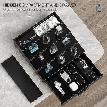 Walnut Wood Cologne Organizer for Men,4 Tier Cologne Stand,Perfume Stand Organizer,Cologne Shelf Display Holder with Hidden Storage and Drawer,Great Gift for Men,Black