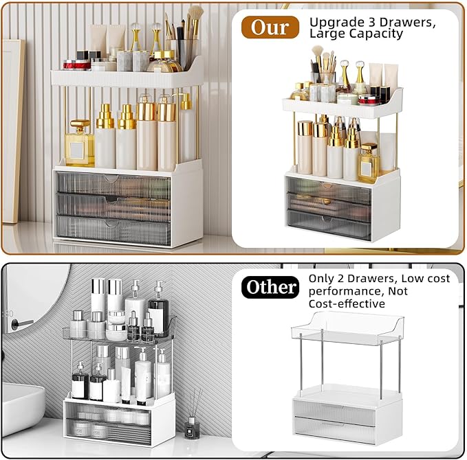 StorBin Strong 3 Drawers Bathroom Counter Organizer, 5 Tier Makeup Organizer, Versatile Perfume Organizer, Ideal for Bathroom Storage, Vanity, Large Skincare, Perfume, Present, Grey