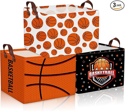 CHENGU 3 Pcs Basketball Baskets Storage Bin Basket for Gifts Collapsible Waterproof Canvas Cube Sports Storage Basketball Organizer with Handles for Clothes Toys Balls Shelf Nursery Boxes Decor