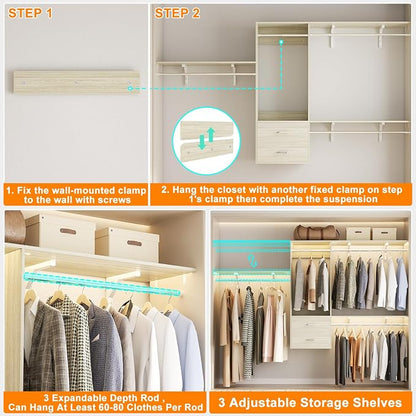 96 Hanging Closet System with 2 Wooden Drawers, 75"–87" Height Adjustable Closet Organizer System with Tower, 4-8FT Custom Closet Shelving System, Wall-Mounted Walk-In Closets Wardrobe, White Oak
