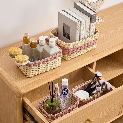 4PCS Woven Storage Baskets Set, Small Baskets for Organizing, Square Handwoven Paper Rope Organizer Bins for Shelves and Home Storage (Natural & Pink)