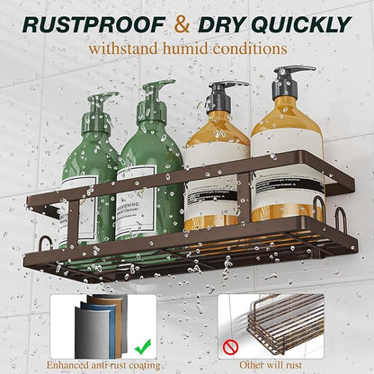 Youvip Adhesive Shower Caddy,Shower Shelves with Soap Holder and 12 Hooks,Rustproof No Drilling Bathroom Organizer and Storage,Bronze,3 Pack