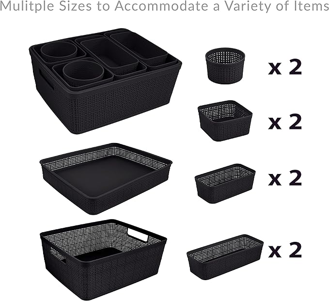 Simplify 10 Piece Organizing Set | Multiple Size Bins | Multipurpose | Office | Desk | Dorm | Bathroom | Storage Basket | Small Items | Accessories | Black