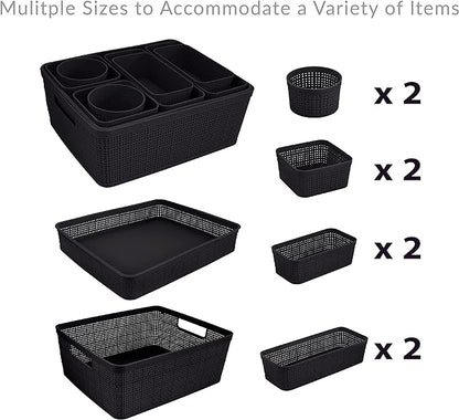 Simplify 10 Piece Organizing Set | Multiple Size Bins | Multipurpose | Office | Desk | Dorm | Bathroom | Storage Basket | Small Items | Accessories | Black