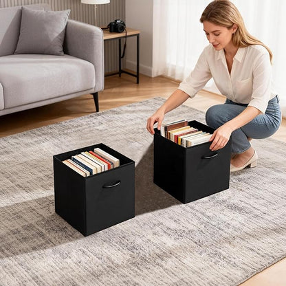 WUIKE 11-Inch Black Storage Cube Bins, Leather Front Cubby Organizer Baskets with Handles, Collapsible Storage Bins for Shelves and Closet, 4-Pack