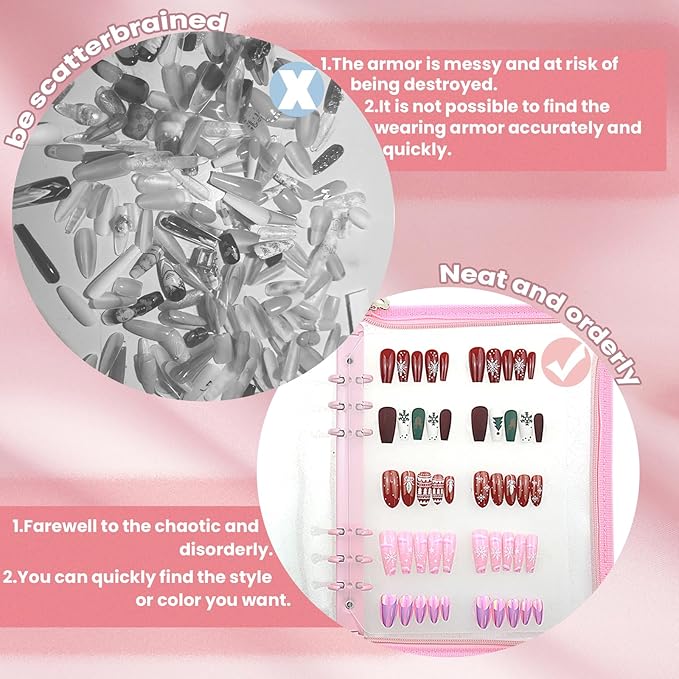 Press On Nail Storage Organizer with 4 Insert Pages - A5 Size Portable False Nail Storage Box for Collecting and Organizing Tips with Tape and Zipper Pocket (Pink)