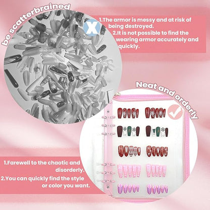 Press On Nail Storage Organizer with 4 Insert Pages - A5 Size Portable False Nail Storage Box for Collecting and Organizing Tips with Tape and Zipper Pocket (Pink)