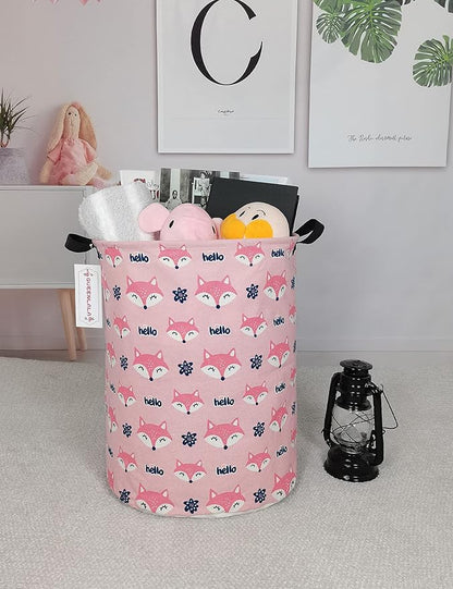 QUEENLALA Large Storage Basket,Laundry Hamper/Bathroom/Home Decor/Collapsible Round Storage Bin,Boys and Girls Hamper/Boxes/Clothing(Round-Pink Fox)