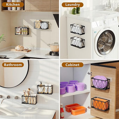 4 Pack Cabinet Door Organizer, Adhesive Inside Cabinet Door Storage for Kitchen Bathroom, Lid Organizer Compatible with Tupperware Pyrex, Wall Mounted Basket for Pantry Under Sink, Black