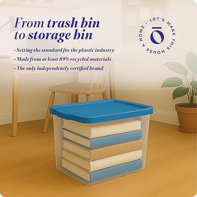 HOMZ 2-Pack Snaplock, Large Clear Plastic Storage Organizer Bins w/Lids, 56 Quart, Blue - Stackable Container Boxes for Bedroom, Bathroom, Garage, and Office Organization
