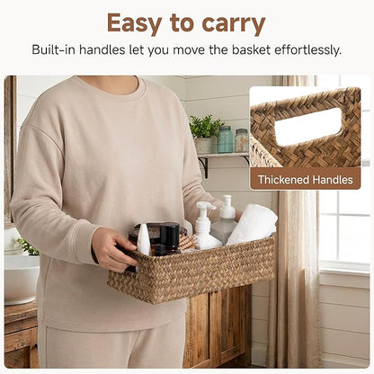 StorageWorks Wicker Toilet Paper Basket for Back of Toilet Baskets, Seagrass Bathroom Basket Organizer and Storage for Tank Topper, Small Tank Trays for Decor with Built-in Handles, Brown