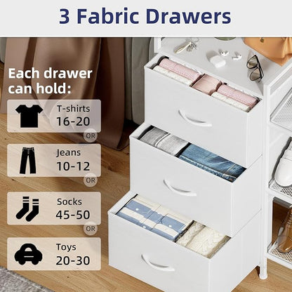 Somdot Shoe Rack, 3 Tier Shoe Organizer with 3 Drawers, Metal Shoe Storage Shelf for 6-9 Pairs of Shoes with Fabric Shelves and Wooden Top, Narrow Shoe Rack for Entryway, White Leather