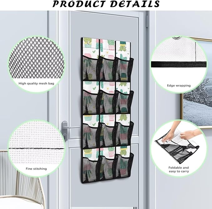 Cactus Behind the Door Storage Organizer with 12 Mesh Pockets Hanging Shoe Organizer for College Dorm Room Easy to Install Closet Door Holder Hanger Storage Bag Rack for Shoe