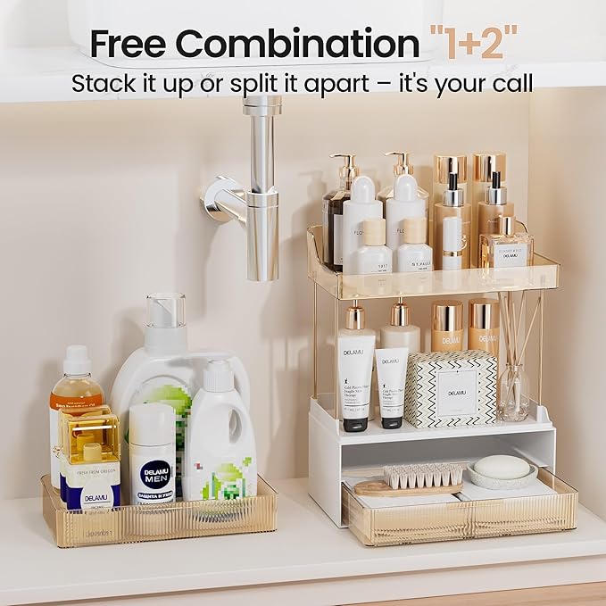 Delamu Bathroom Organizers and Storage, 2 Tier 2 Drawer Makeup Organizer Countertop, Easy to Install, Ideal for Bathroom Counter, Vanity, Ideal for Women Girls, Amber 2Pack