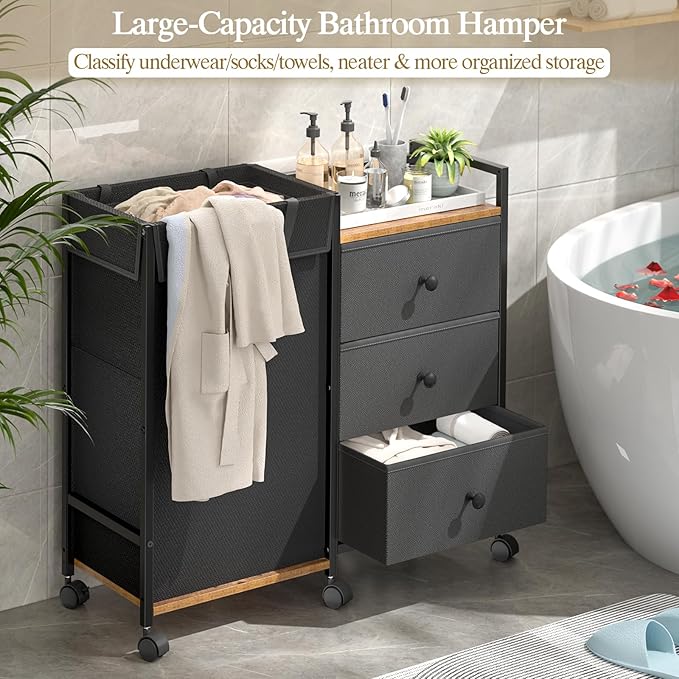 Laundry Hamper with Wheels, Laundry Sorter with Shelf and 3 Drawers, Total Capacity 123L/32.5 Gal (3 Drawers+Bags), Laundry Cabinet with Fabric Detachable Bags, Clothes Hampers for Bedroom Bathroom