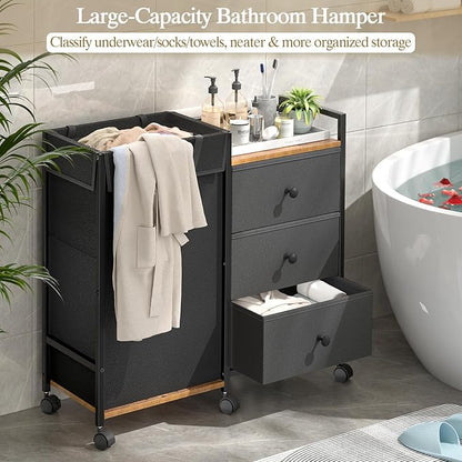 Laundry Hamper with Wheels, Laundry Sorter with Shelf and 3 Drawers, Total Capacity 123L/32.5 Gal (3 Drawers+Bags), Laundry Cabinet with Fabric Detachable Bags, Clothes Hampers for Bedroom Bathroom