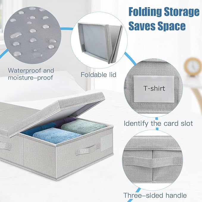 Supowin Underbed Storage Containers Bin with Lids, Large Under Bed Storage Organizer Box with Handle, Foldable Under the Storage Bags for Organizing Clothes, Shoes, Blankets, Pillows