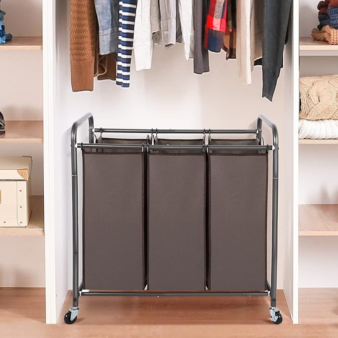 STO STO Laundry Sorter 3 Section, 3 Bag Clothes Hamper, Rolling Laundry Cart Basket with Heavy Duty Lockable Wheels and Removable Bag for Laundry Room, Bedroom, Closet, Brown