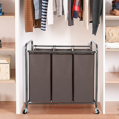 STO STO Laundry Sorter 3 Section, 3 Bag Clothes Hamper, Rolling Laundry Cart Basket with Heavy Duty Lockable Wheels and Removable Bag for Laundry Room, Bedroom, Closet, Brown