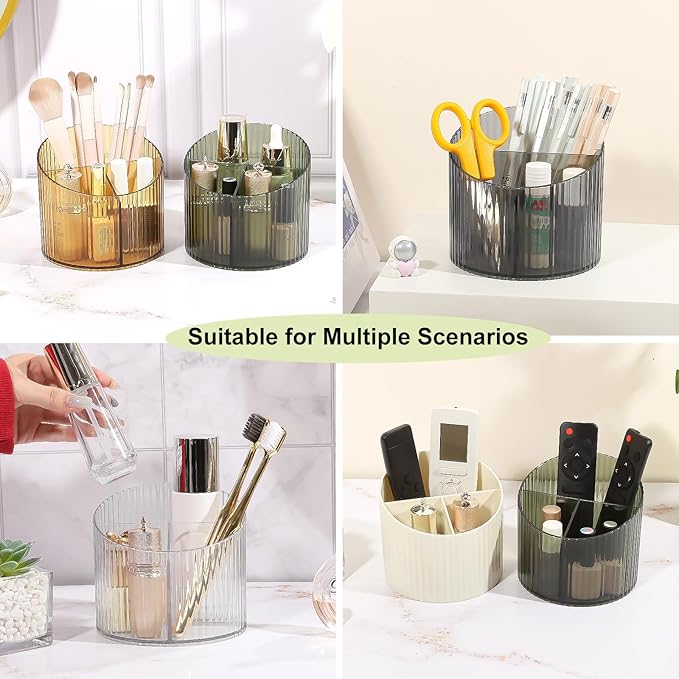 DASITON 3 Slots Makeup Brush Holder, Acrylic Makeup Brush Cup, Vintage Striped Make Up Brush Holder for Vanity Decor, Bathroom Countertops, Desk Storage Container, Cosmetic Display Cases (Clear)