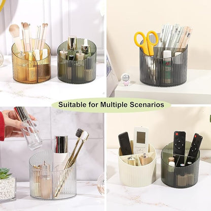 DASITON 3 Slots Makeup Brush Holder, Acrylic Makeup Brush Cup, Vintage Striped Make Up Brush Holder for Vanity Decor, Bathroom Countertops, Desk Storage Container, Cosmetic Display Cases (Yellow)