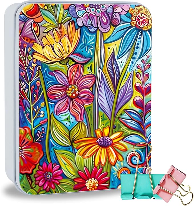 Metal Tin Box Sturdy Metal Storage Box with Lid, Large Container Holder for TCG Cards,Car Keys,Cookies,Tin Containers for Gift,5.0x3.7x1.6 Inch,Exquisite Pattern Design(Colorful Flowers)