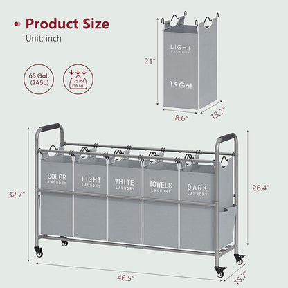 Tajsoon 5 Bag Laundry Sorter Cart, Laundry Hamper Sorter Basket with Heavy Duty Lockable Rolling Wheels for Clothes Storage, Grey & White