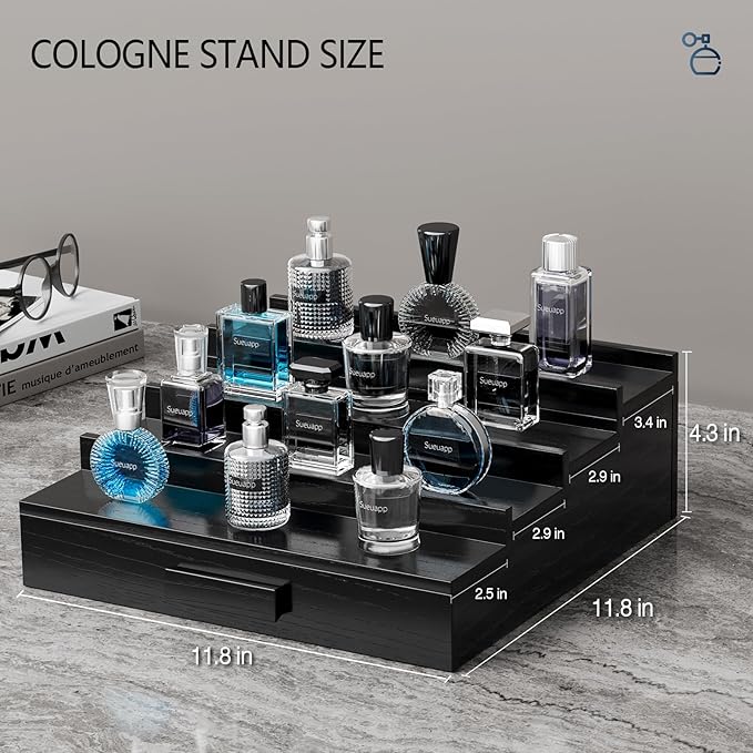 Walnut Wood Cologne Organizer for Men,4 Tier Cologne Stand,Perfume Stand Organizer,Cologne Shelf Display Holder with Hidden Storage and Drawer,Great Gift for Men,Black