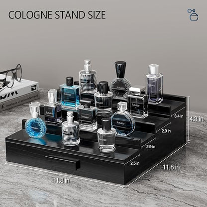 Walnut Wood Cologne Organizer for Men,4 Tier Cologne Stand,Perfume Stand Organizer,Cologne Shelf Display Holder with Hidden Storage and Drawer,Great Gift for Men,Black