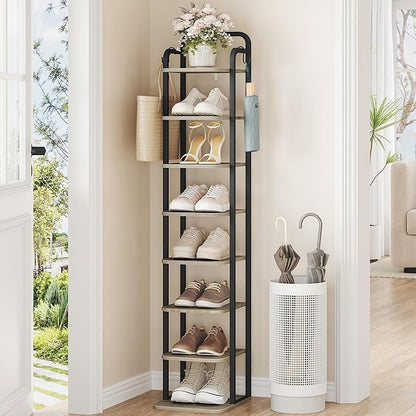 Hzuaneri 8 Tiers Vertical Shoe Rack, Narrow Shoe Tower, Tall Shoes Shelf with 2 Hooks, Adjustable Shelves, Corner Shoes Shelves for Small Spaces, Entryway, Living Room, Greige SR04305B