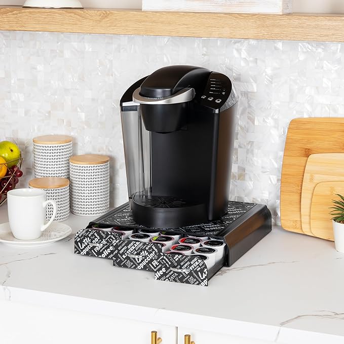 Mind Reader Single Serve Coffee Pod Organizer with 3 Drawers, 36 Pod Capacity, 12.25"L x 13.5"W x 2.5"H, Black Print