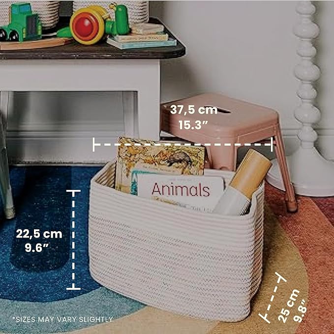Rainbow Stitches Cotton Rope Basket for Shelf Storage - 15"×10"×9½" - Colorful Decorative Basket for Kids - Nursery, Playroom, Classroom - Toy Storage, Books, Towels