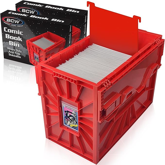 BCW Short Comic Book Bin | Holds 150 Comics | Stackable Plastic Storage | Acid-Free Organizer | Red, 2 Pack