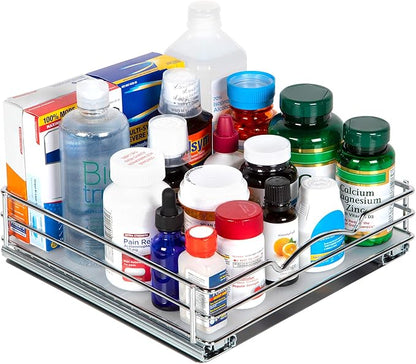 Pull-Out Cabinet Spice Rack Organizer - Slim Slide-Out Storage for Spices, Bottles & Jars, Premium Heavy-Duty Steel, Easy Install for Narrow Kitchen Cabinets - 10 ⅜ W x 10 ⅜ D x 2 ¾ H, Chrome