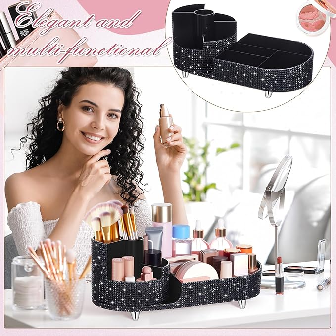 Teen Girls Mother's Day 360 Rotating Bling Makeup Organizer Gift Rhinestone Diamond Bathroom Organizer Girly Skin Care Brush Holder for Countertop, Bathroom Essentials(Black,Rhinestone)