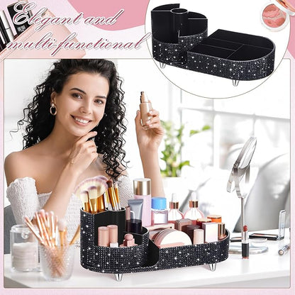 Teen Girls Mother's Day 360 Rotating Bling Makeup Organizer Gift Rhinestone Diamond Bathroom Organizer Girly Skin Care Brush Holder for Countertop, Bathroom Essentials(Black,Rhinestone)