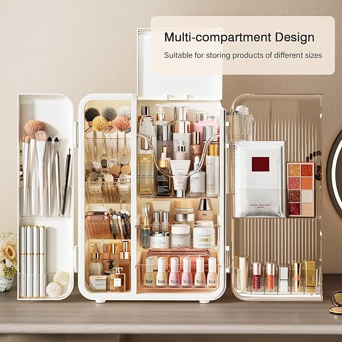 SEE SPRING Makeup Organizer for Vanity, Large Capacity Skincare Organizers and Storage with Drawers, Dustproof Cosmetic Display Case for Bathroom Countertop, Trendy Teen Girl Gifts, White
