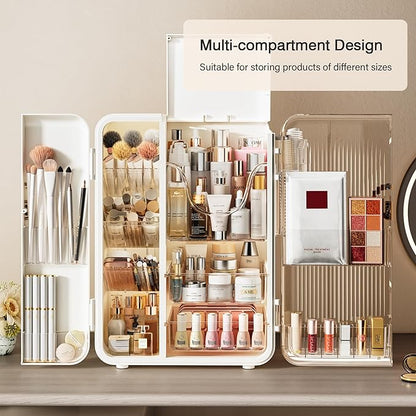 SEE SPRING Makeup Organizer for Vanity, Large Capacity Skincare Organizers and Storage with Drawers, Dustproof Cosmetic Display Case for Bathroom Countertop, Trendy Teen Girl Gifts, White