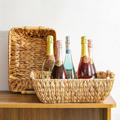 Mowtanco Woven Storage Baskets – Set of 2 Handwoven Water Hyacinth Wicker Baskets with Wooden Handles for Organizing, Decorative Baskets for Laundry Room, Home Decor - Large & Medium
