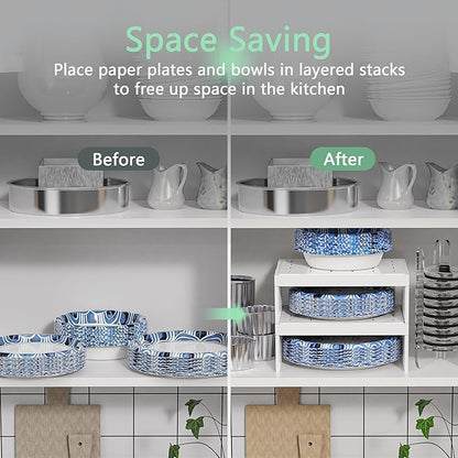 Paper Plate Dispenser and Paper Bowl Dispenser, Space-Saving Plastic, Foam, Disposable Plate and Bowl Organizer, Set of 2 Stackable Kitchen Organizer for Cabinet, Countertop, Shelf (White)