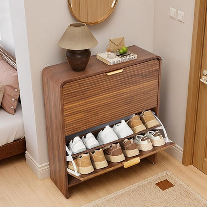 RARZOE Fluted Shoe Cabinet with 2 Flip Drawers, Narrow Curved Shoe Storage Cabinet for Entryway, Freestanding Wood Hidden Shoe Organizer Closed Shoe Rack Cabinet for Foyer, Hallway (29.5''Walnut)
