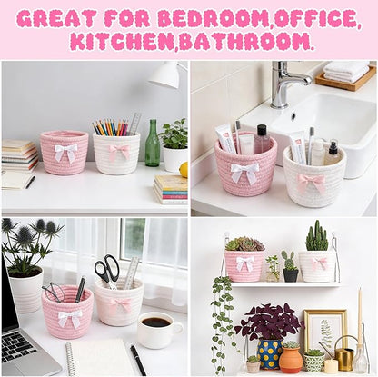 2 Pack Bow Makeup Brush Holder- Mini Woven Cotton Rope Small Oval Basket with Bow Decor, Comb Brushes Storage Decorative Basket for Pencil Cosmetics Organizer Gift for Women,4 x 4 IN